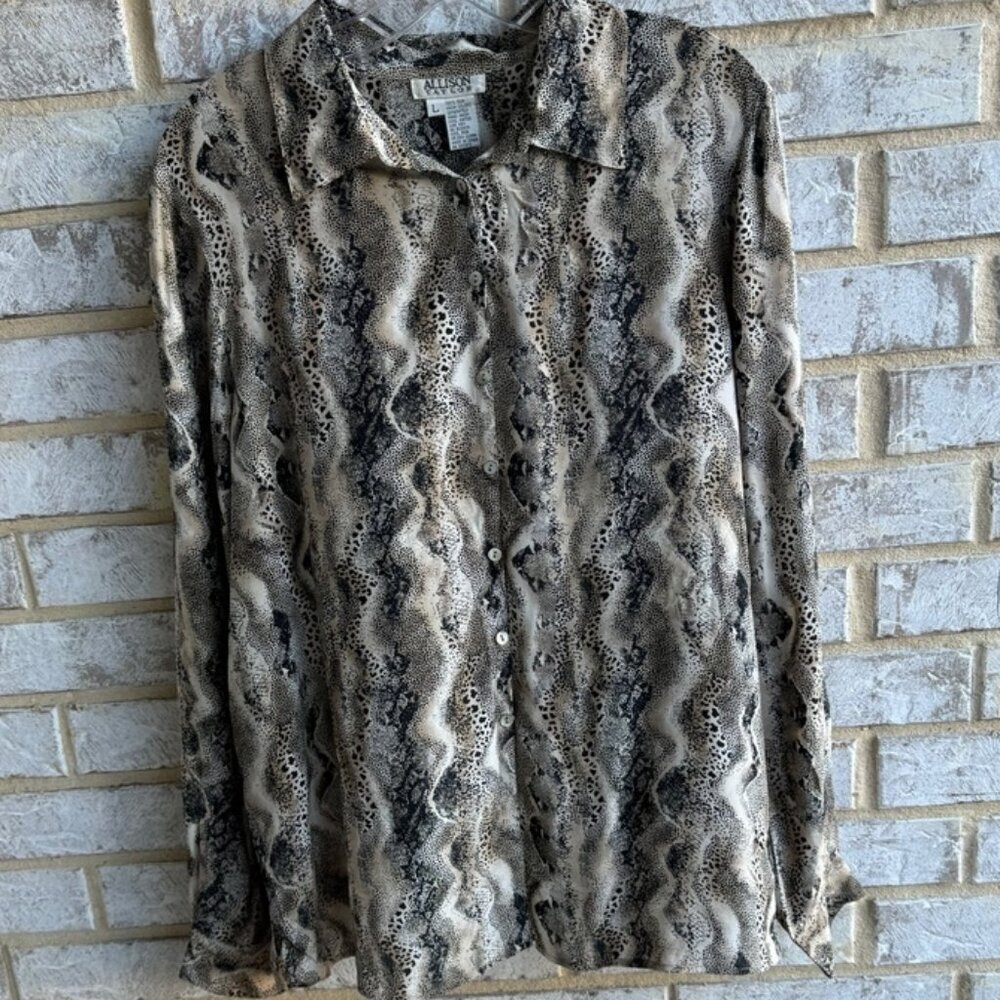 Allison Taylor 100% Silk Long Sleeve Leopard Print Button Up Shirt Womens Size L